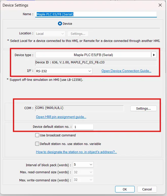 EBPro Maple PLC serial settings