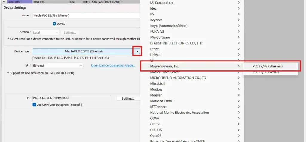 The Option path for the Maple PLC driver in EBPro