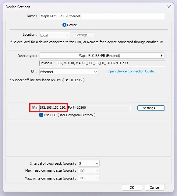 Set the IP address of the Maple PLC driver