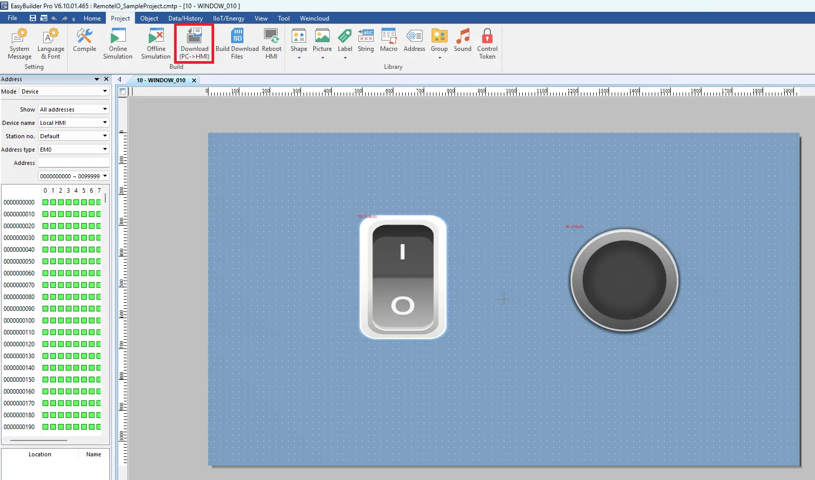 Image showing where to go to download your project in EBPro Online Simulation project demonstrating how to connect Remote I/O to a Maple Systems HMI