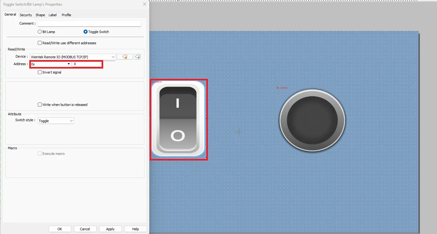 Toggle Switch/Bit Lamp Properties window in EBPro Online Simulation project demonstrating how to connect Remote I/O to a Maple Systems HMI