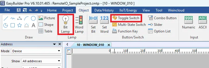 How to add a Lamp and Toggle in EBPro Online Simulation project demonstrating how to connect Remote I/O to a Maple Systems HMI