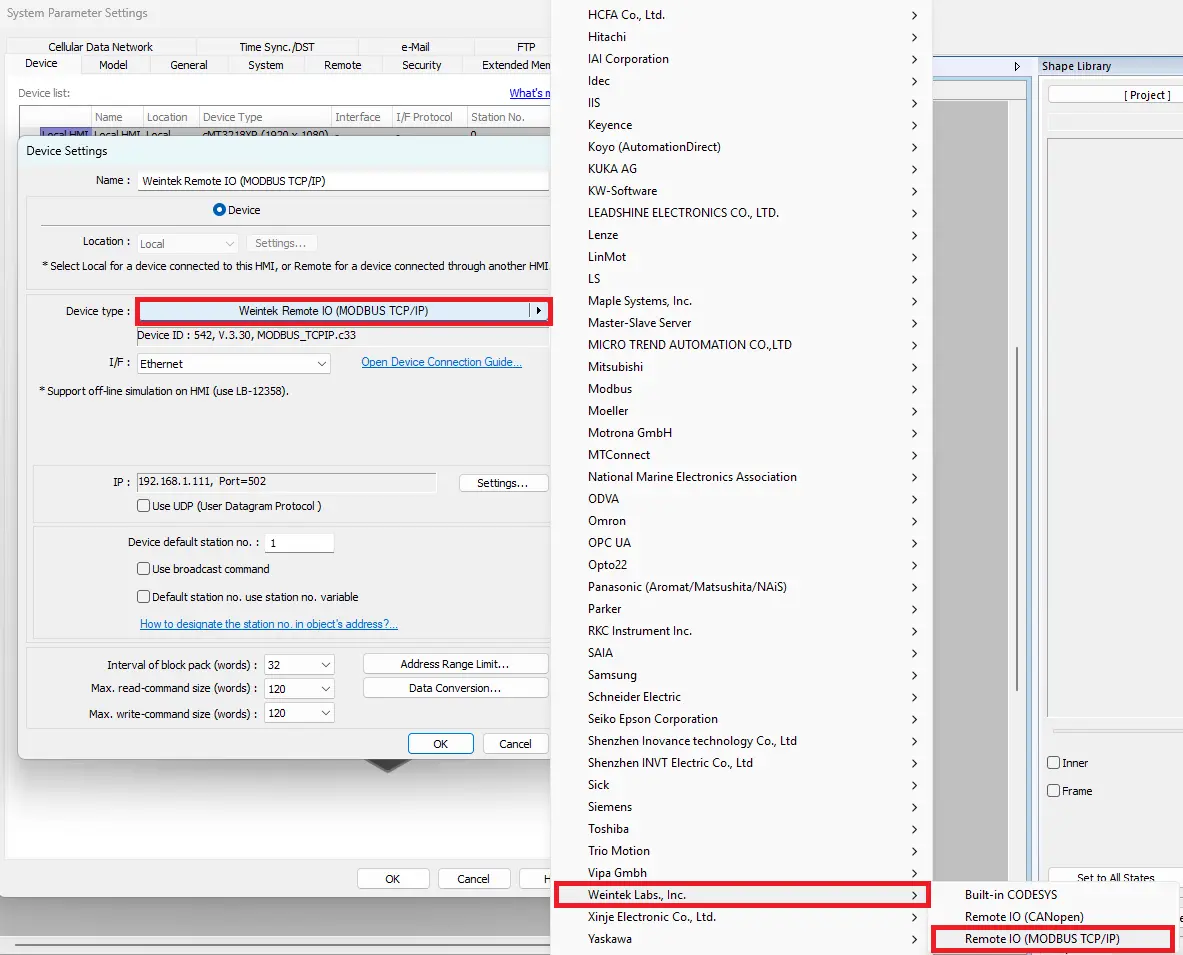System parameters window showing how to add Remote I/O in EBPro Online Simulation project demonstrating how to connect Remote I/O to a Maple Systems HMI