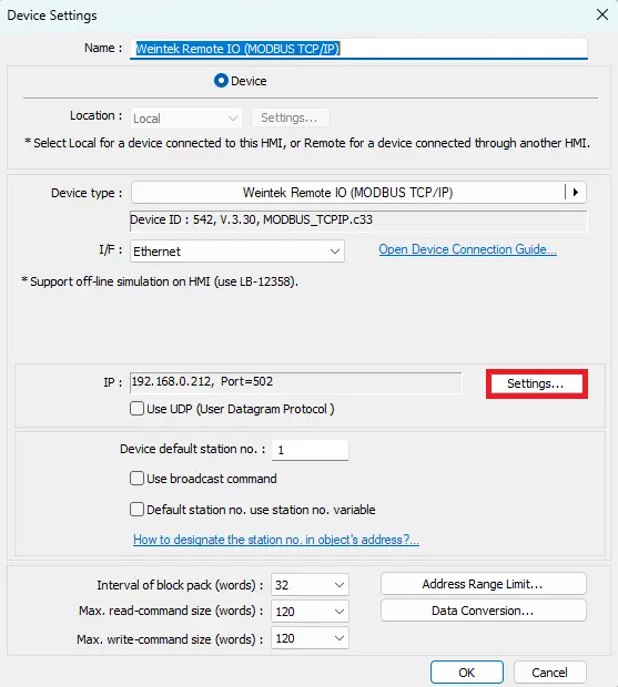 Device Settings window in EBPro Online Simulation project demonstrating how to connect Remote I/O to a Maple Systems HMI