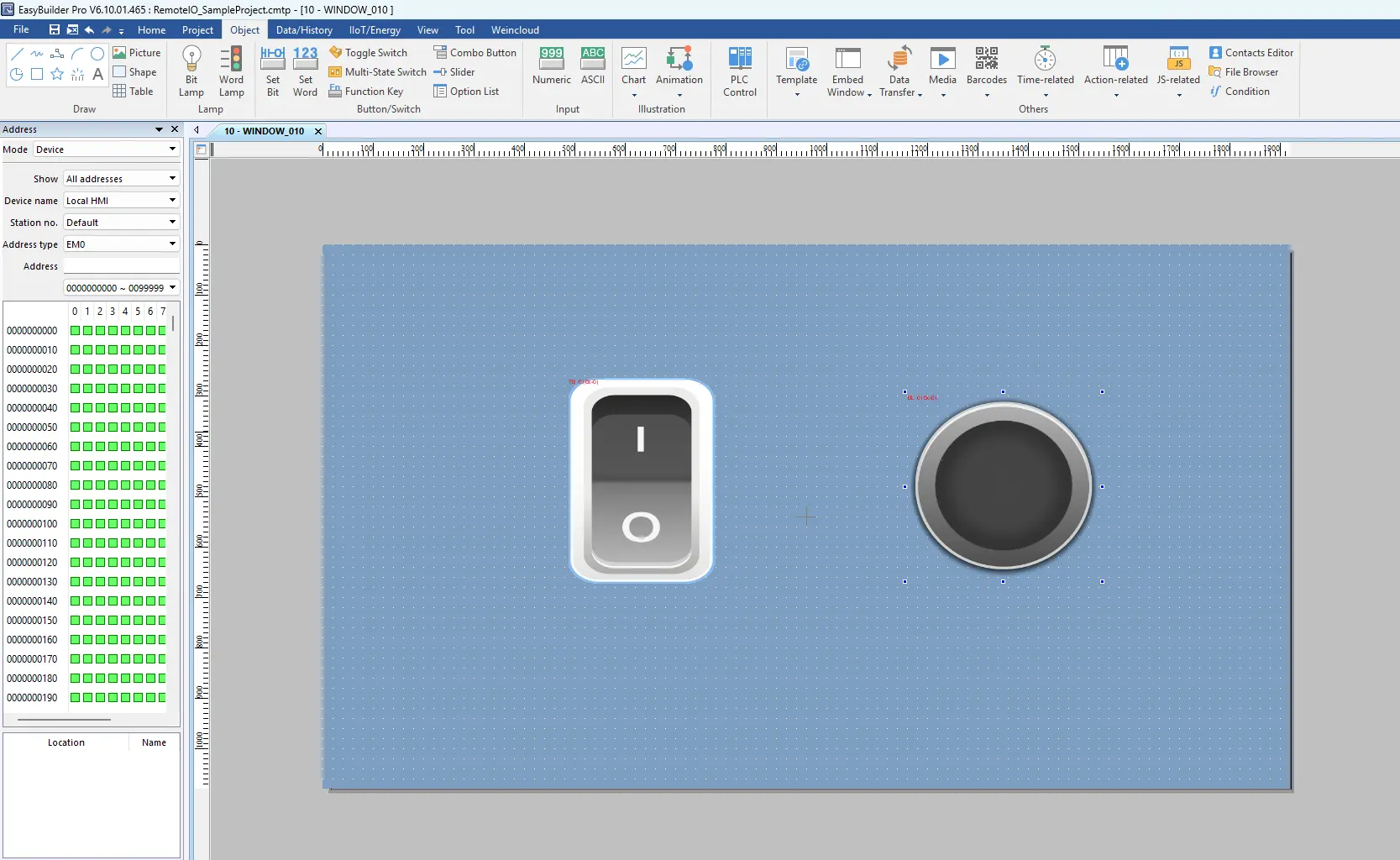 Object window in EBPro Online Simulation project demonstrating how to connect Remote I/O to a Maple Systems HMI