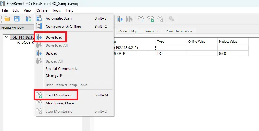 EasyRemote IO selectiing download and start monitoring