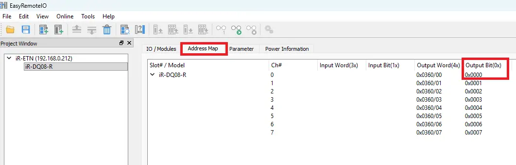 Remote IO Address Map window in EBPro Online Simulation project demonstrating how to connect Remote I/O to a Maple Systems HMI