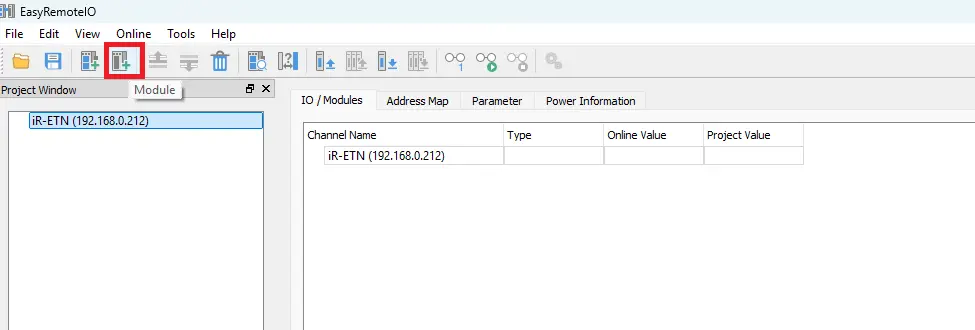 Window showing where to add Remote IO Module in EBPro Online Simulation project demonstrating how to connect Remote I/O to a Maple Systems HMI