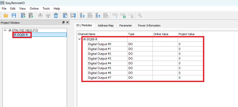 Remote IO window in EBPro Online Simulation project demonstrating how to connect Remote I/O to a Maple Systems HMI