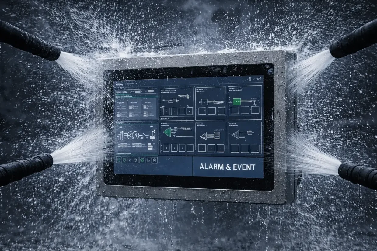 Full washdown on all sides image used in Maple Systems Article about Industrial Panel PC Selection by Environment