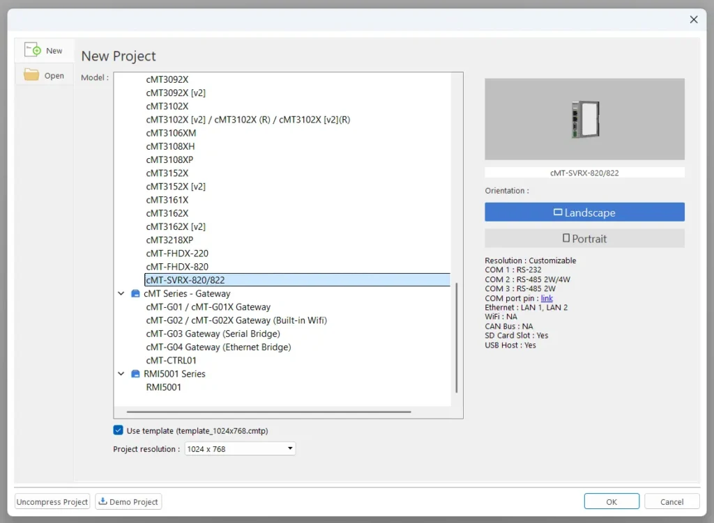 Starting a new EBPro project for a cMT-SVRX-820