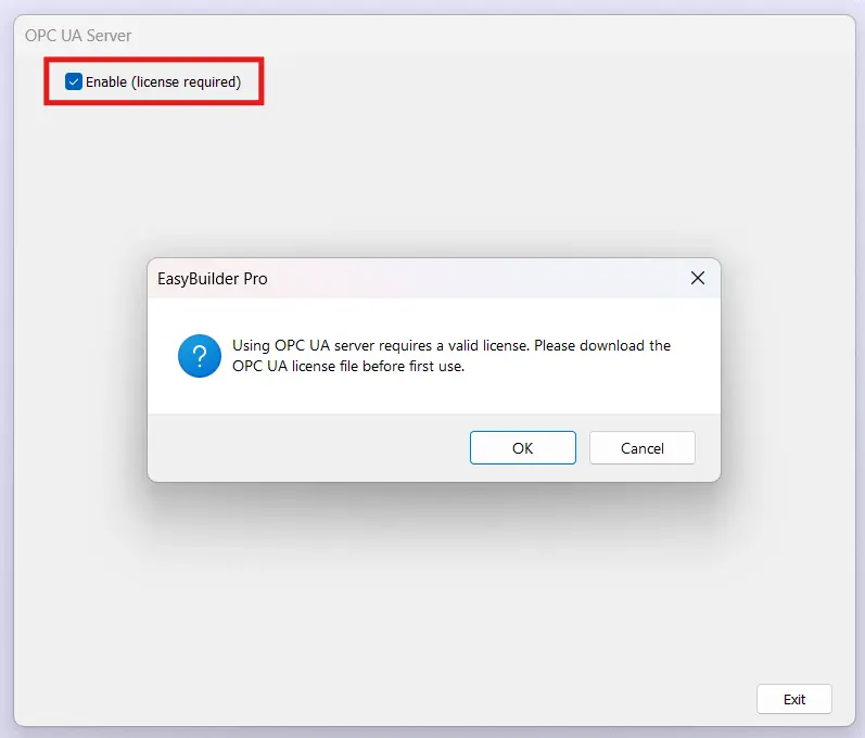 EBPro prompting for an OPC UA license