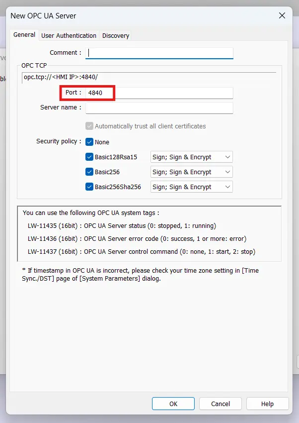 OPC UA server settings in EBPro