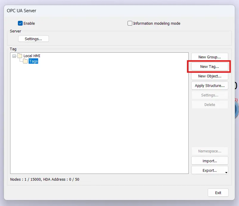 Adding a new tag to an OPC UA server in EBPro