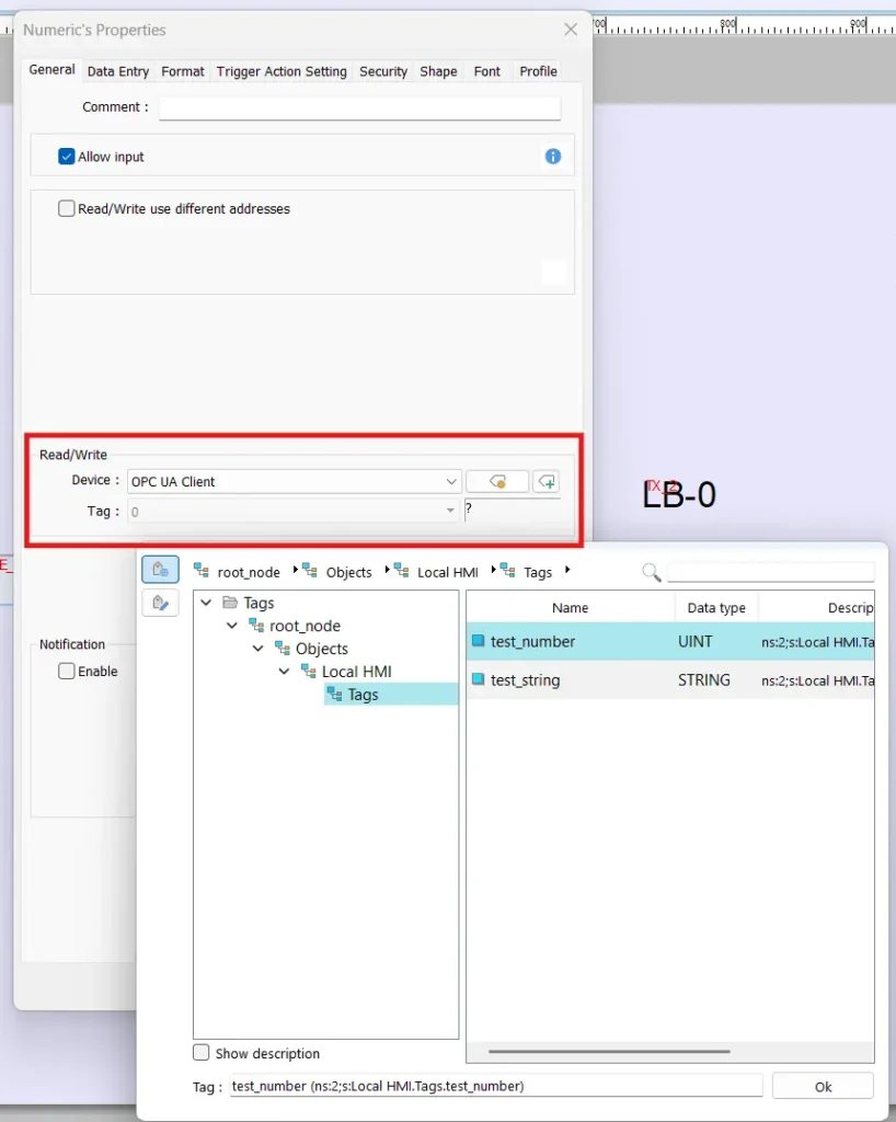 OPC UA client driver tag selection in a numeric object