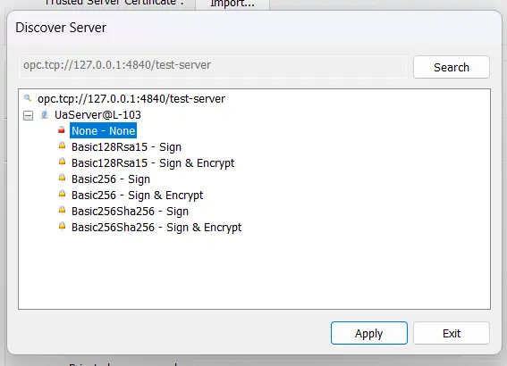 selecting an OPC UA security protocol upon server discovery