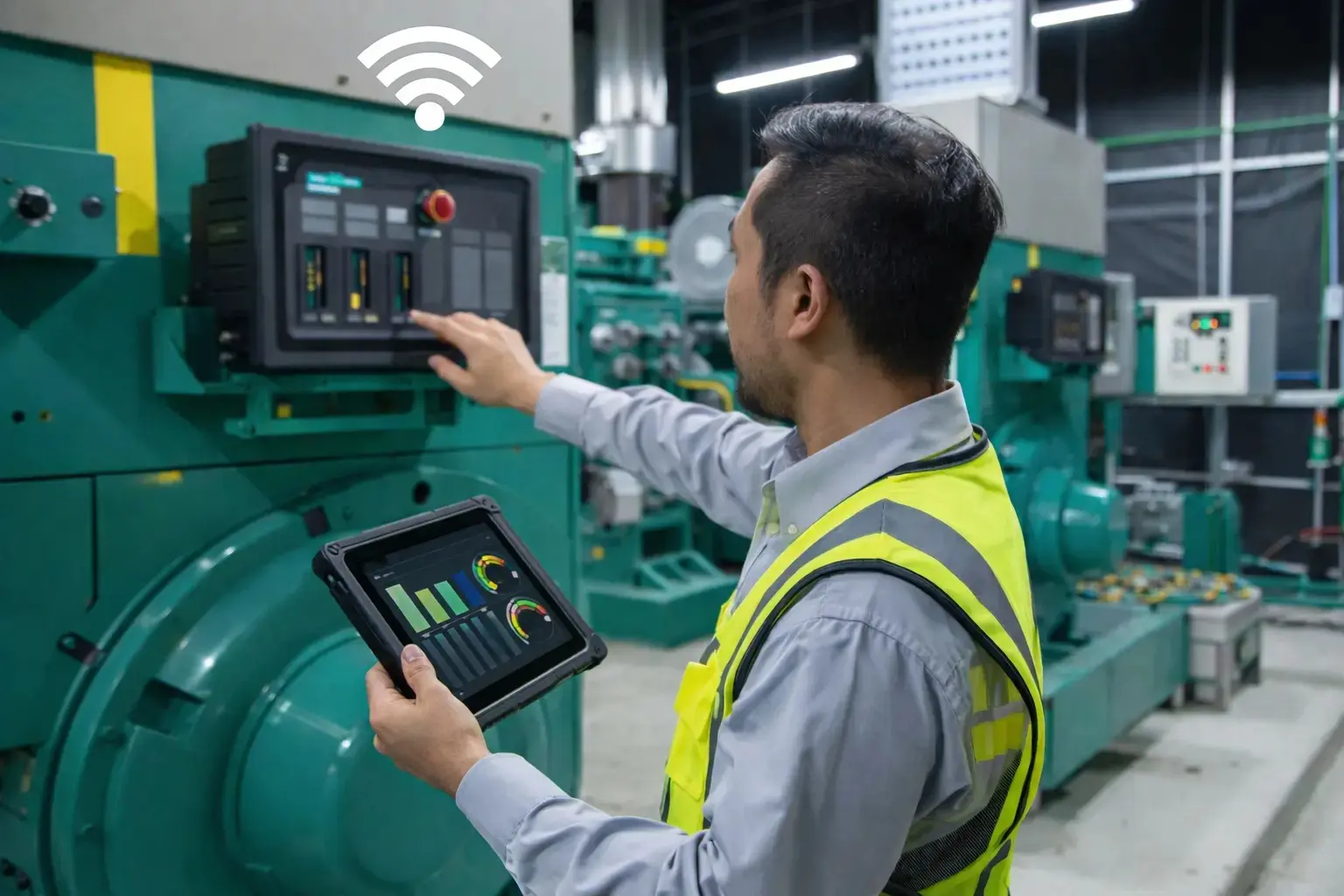 engineer using rugged tablet to access HMI project and control a generator at emergency power supply room