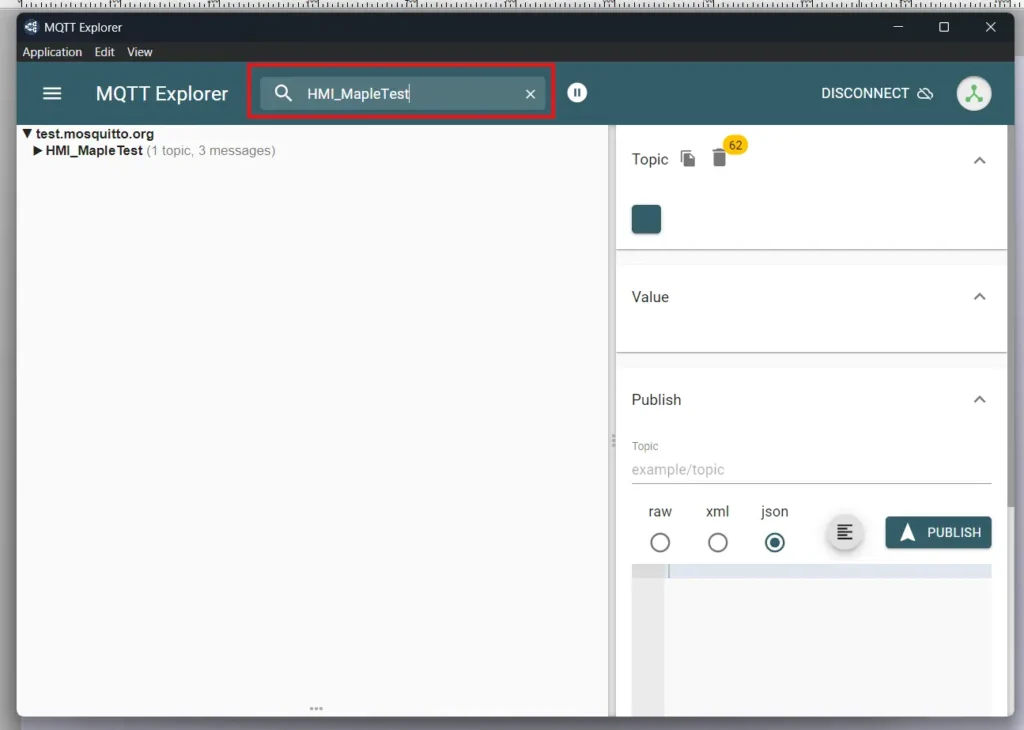 Filtering for "HMI_MapleTest" topic in MQTT Explorer