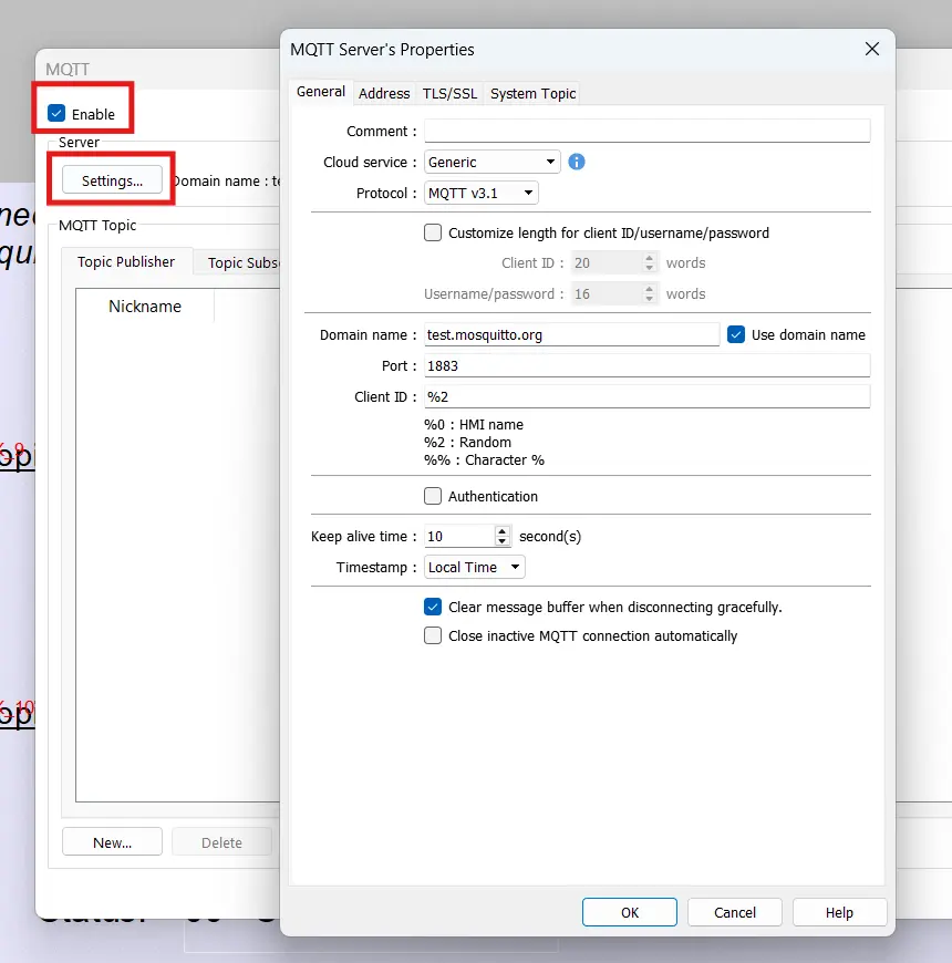 Connecting the EBPro MQTT object to the Mosquitto test server