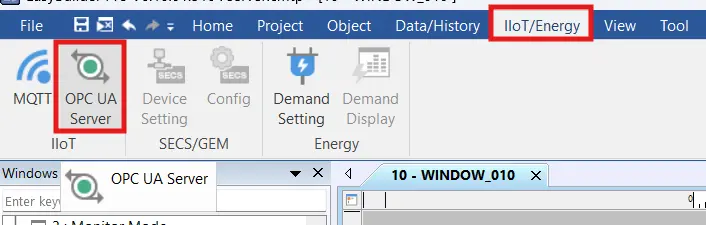 Opening the OPC UA server settings in EBPro
