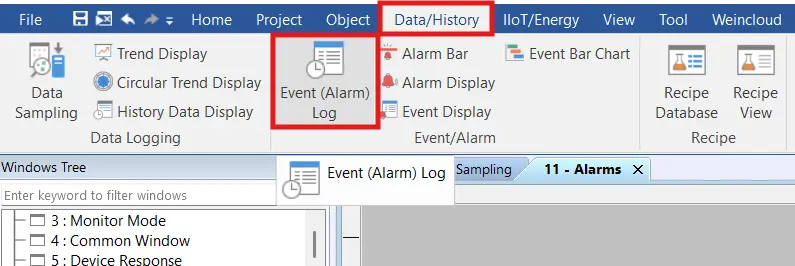 Selecting the EBPro Alarm Log