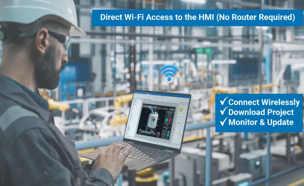 Direct WiFi Access image Engineer gaining direct wi-fi access to an HMI at manufacturing facility