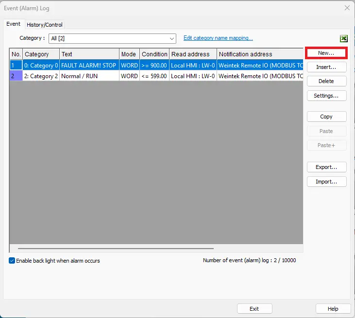 EBPro Adding event alarm logs EBPro Adding two event alarm logs