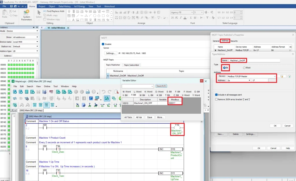 EBPro MQTT Settings top publisher address and bit data type modbus addressing How to Connect a Maple Systems PLC to MQTT