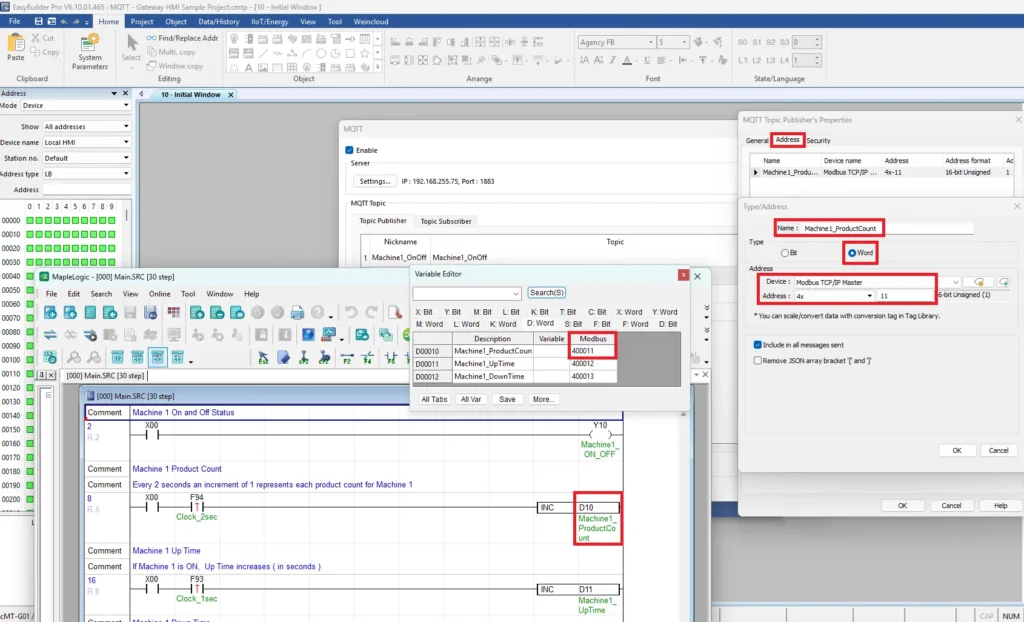 EBPro MQTT Settings top publisher address and word data type modbus addressing How to Connect a Maple Systems PLC to MQTT