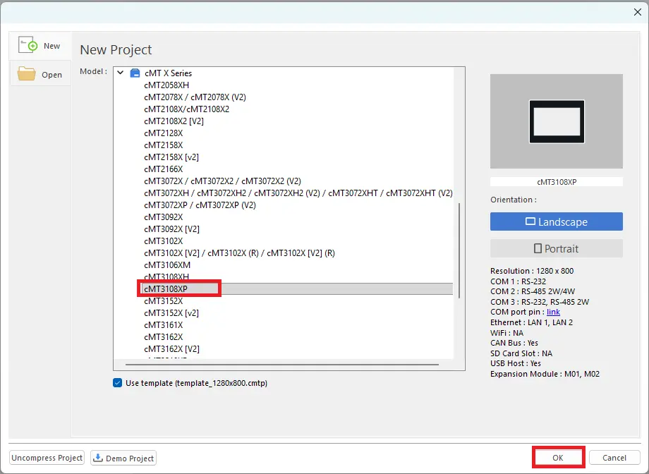 EBPro adding a new project EBPro adding a new project and selecting the cMT3108XP