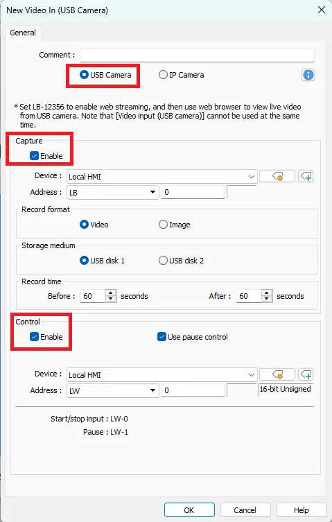 EBPro displaying New Video In properties. USB camera, enabling capture and control mode