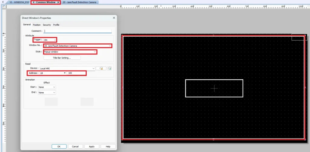 EBPro direct window properties trigger on choosing window pop window and read address
