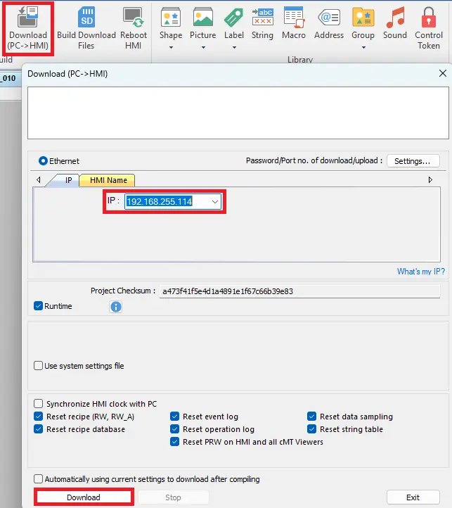 EBPro downloading to HMI window