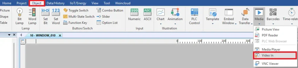 EBPro project displaying object toolbar and selecting Media - Video In object