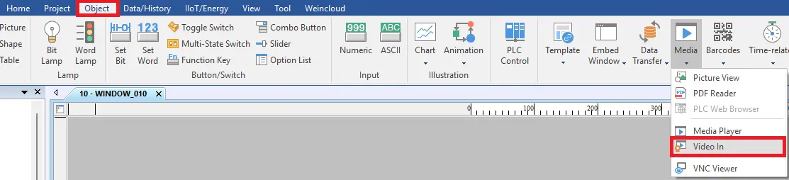 EBPro project displaying object toolbar and selecting Media - Video In object