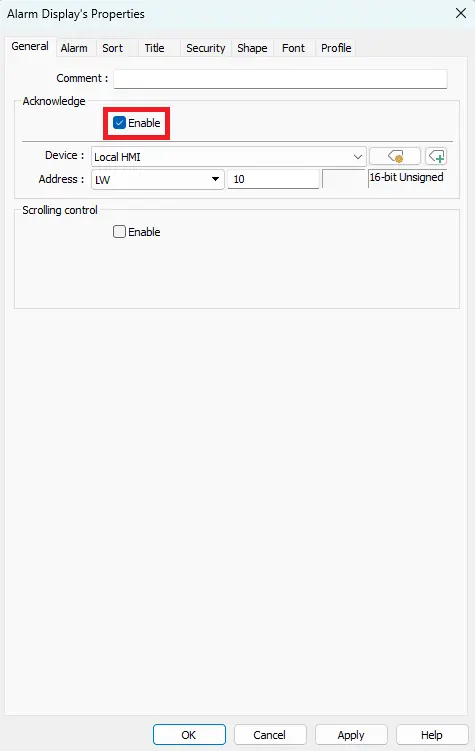 EBPro Project alarm display properties, acknowledging the alarm