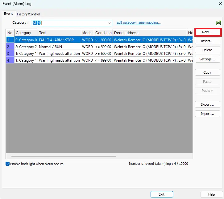 EBPro Project add a new alarm log