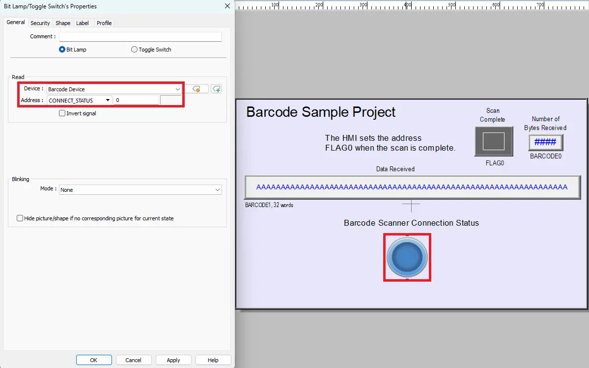 EBPro displaying a bit lamp to show the connection status of the barcode scanner