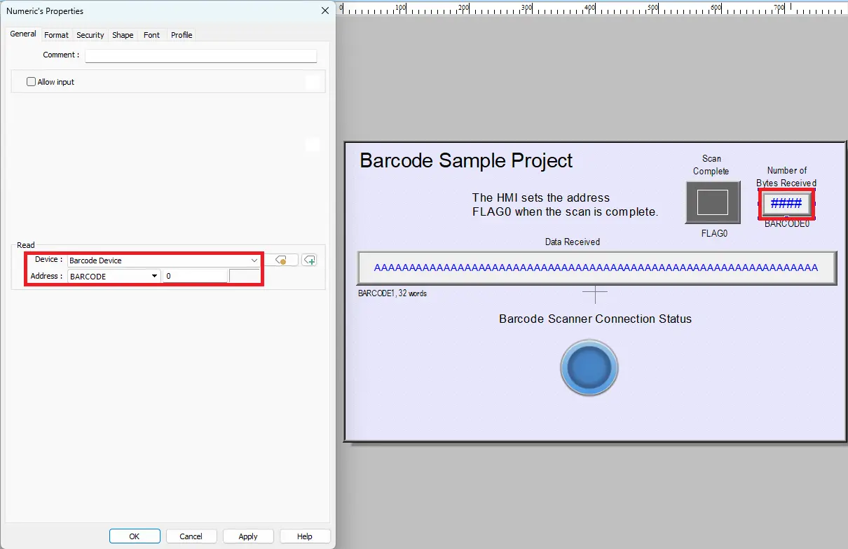EBPro displaying a numeric display showing the number of bytes received from the barcode scan