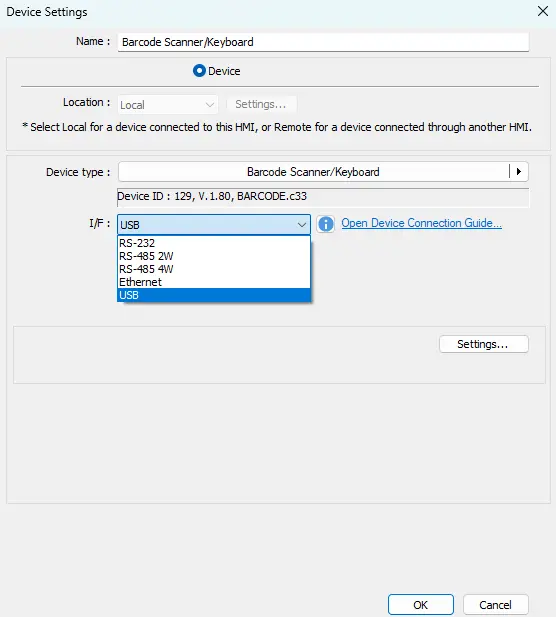 EBPro barcode scanner device settings choosing USB