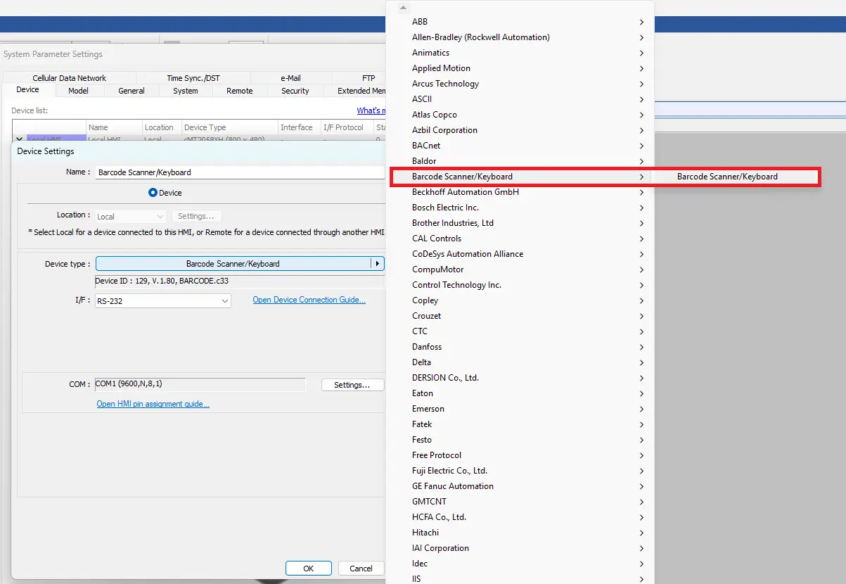 How to Connect a Barcode Scanner to a Maple Systems HMI EBPro Project Settings