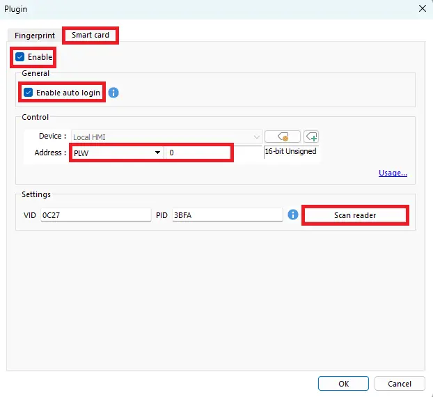 EBPro RFID Plugin smart card window highlighting enable auto login control address
