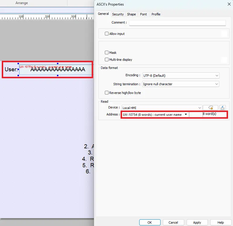 EBPro project showing an ASCC object and useing a local word that displays the current user logged in