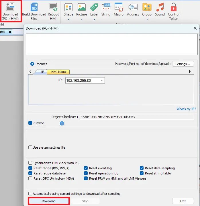 EBPro project showing the download ot HMI window