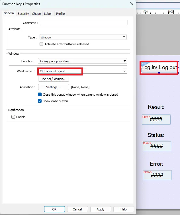 EBPro project showing a log in and log out function key