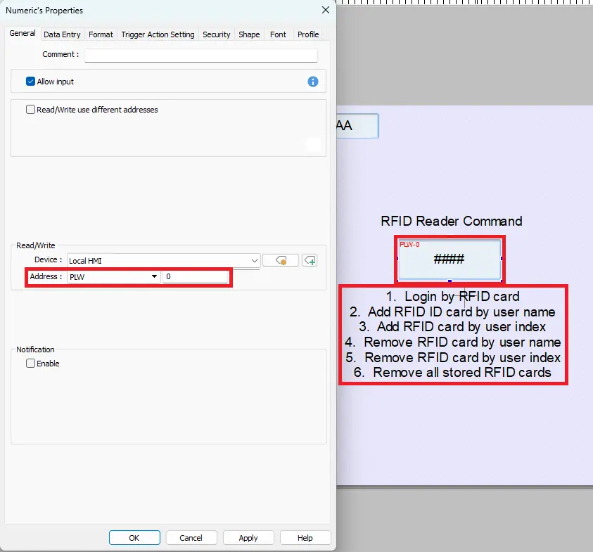 EBPro project shwoing numeric entry and numbers to enter for RFID reader commands using a PLW read/write address