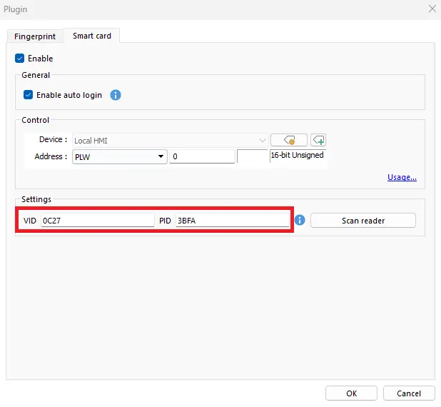 EBPro RFID plugin configuration window for a smart card