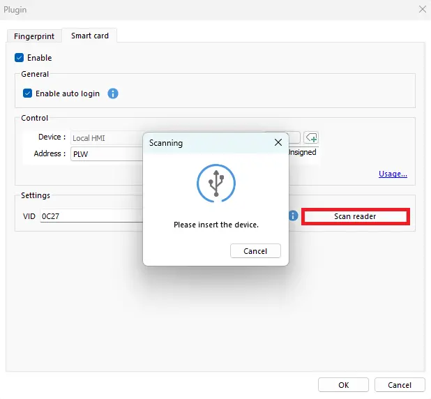 EBPro selecting scan reader to insert the RFID reader device in the pc