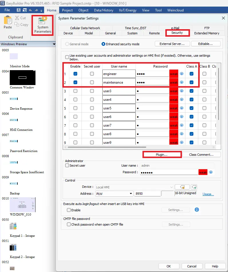 EBPro security settings, entering users and select the plugin tab