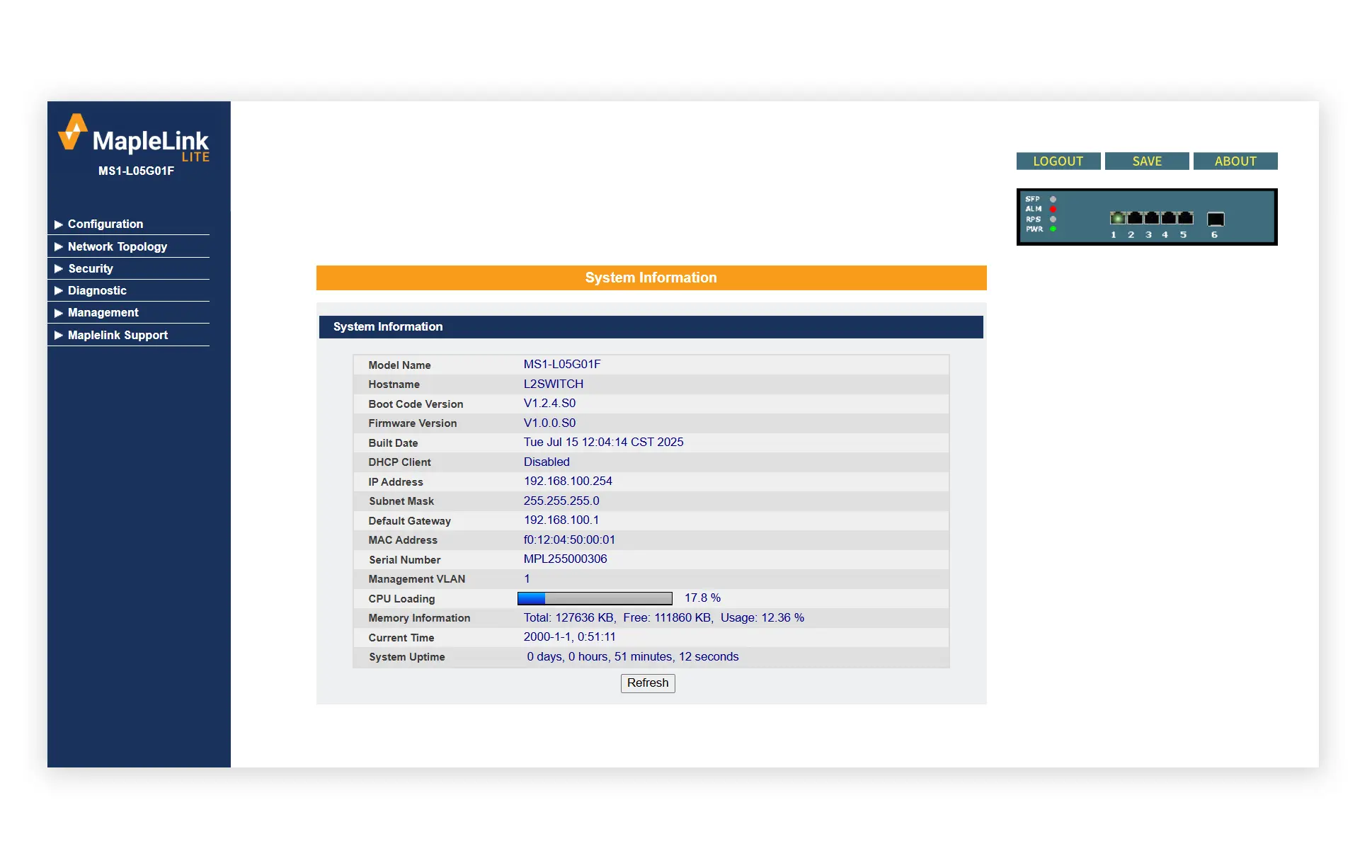 Light Managed Network Switch systems screen